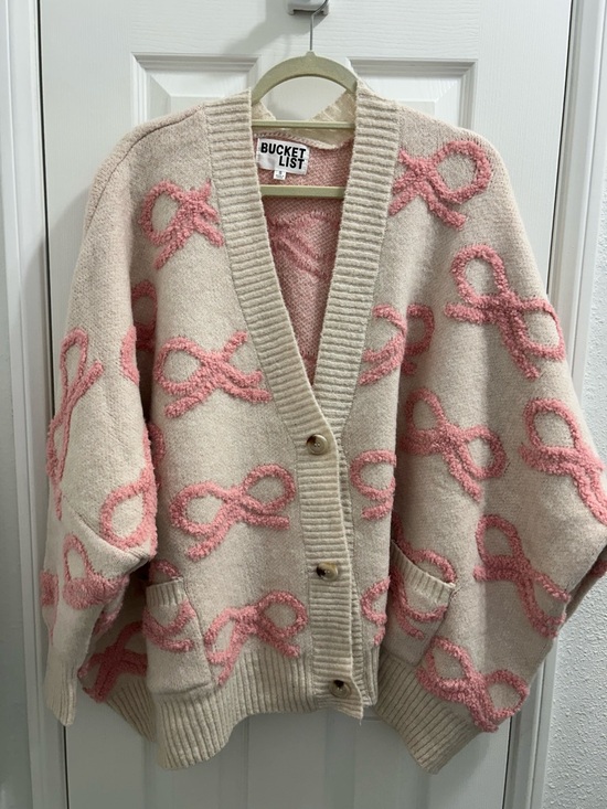 BUCKETLIST Sweaters - BUCKETLIST Oversized / Slouchy Cream Cardigan with Pink Ribbon Knit Detail